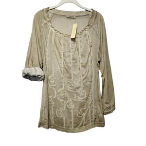 NWT Saga Women's Sz 3 (US XL) Tan Embroidered Cotton Silk Blouse Roll Tab Sleeve